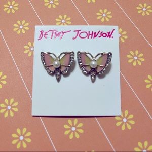 Betsey Johnson butterfly studs with pave crystal accents pearl gold tone detail